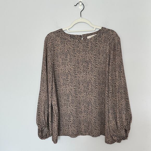 Loft Leopard Print Billow Sleeve Blouse Size Large Round Neck Button Pleated - Picture 1 of 10